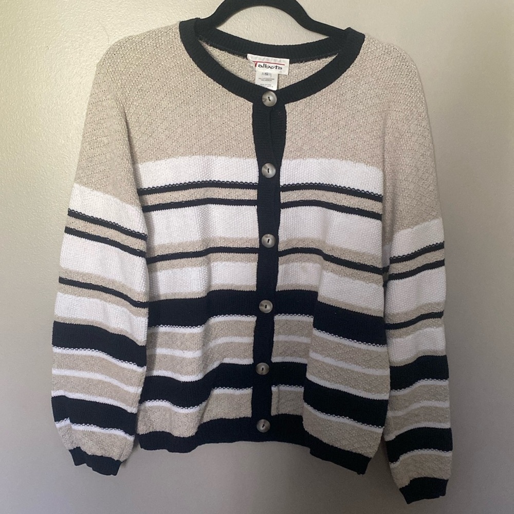 Talbots Beige White Black Striped Button Down Sweater